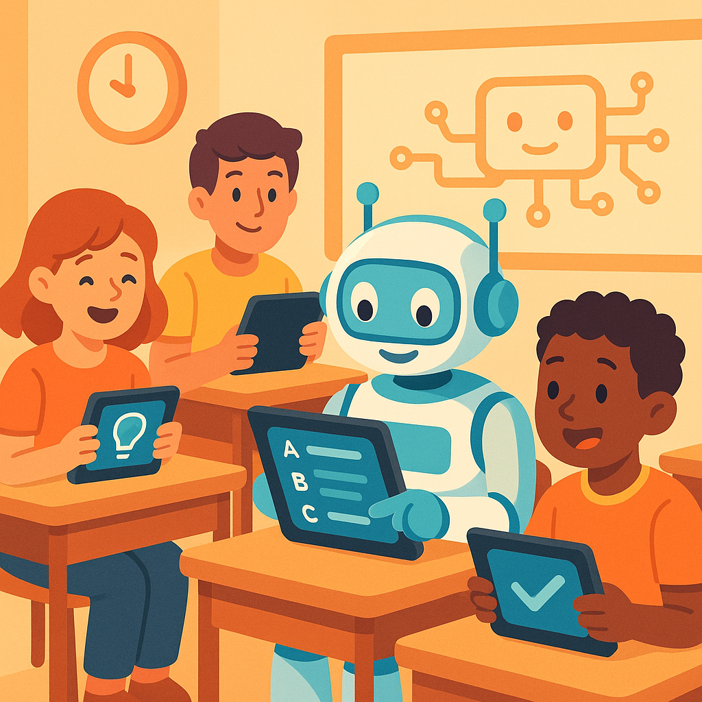 友善機器人與學生在教室使用平板